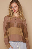 POL Half Button Color Block Drop Shoulder Knit Top - Trendsi