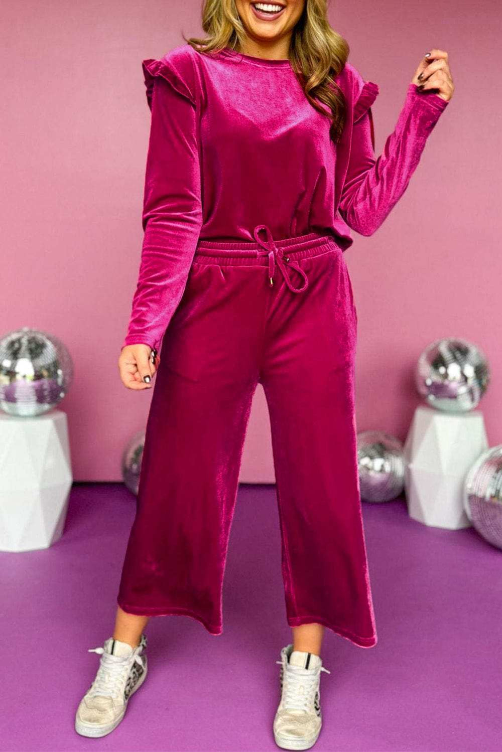 Frill Round Neck Long Sleeve Top and Pants Set - Trendsi - Flyclothing LLC