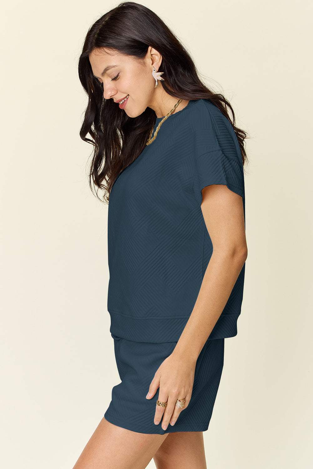 Double Take Full Size Texture Short Sleeve T-Shirt and Drawstring Shorts Set - Trendsi - Flyclothing LLC