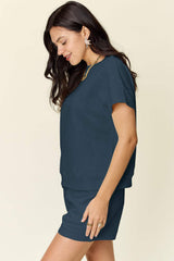 Double Take Full Size Texture Short Sleeve T-Shirt and Drawstring Shorts Set - Trendsi - Flyclothing LLC