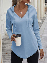 Drawstring Waffle Knit Long Sleeve Hooded Top - Trendsi - Flyclothing LLC
