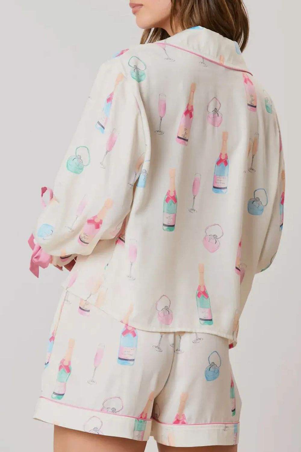 Bow Printed Collared Neck Top and Drawstring Shorts Lounge Set - Trendsi - Flyclothing LLC