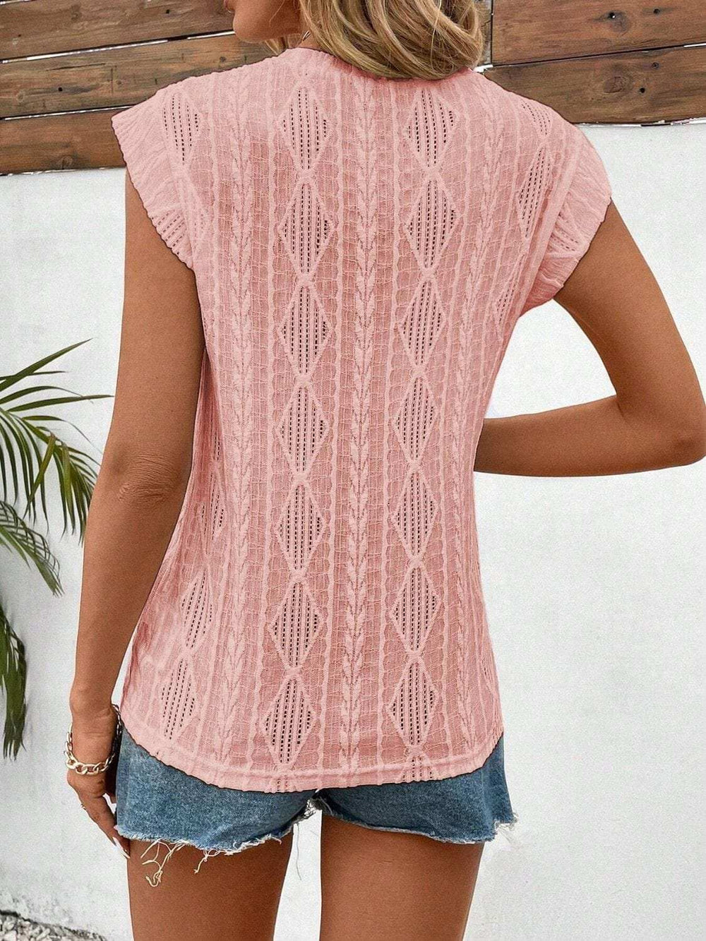 Eyelet Round Neck Cap Sleeve Top - Trendsi - Flyclothing LLC