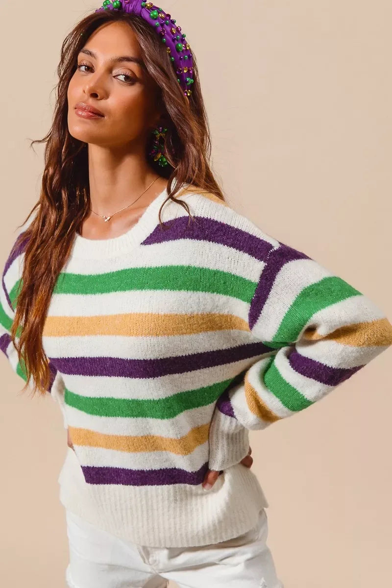 SO ME Mardi Gras Color Stripe Round Neck Sweater Top - Trendsi - Flyclothing LLC