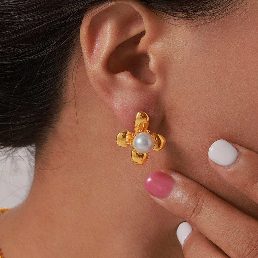 Synthetic Pearl Titanium Steel Flower Earrings - Trendsi - Flyclothing LLC