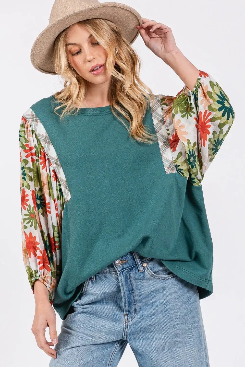 SAGE + FIG Full Size Printed Balloon Sleeve Contrast Top - Trendsi