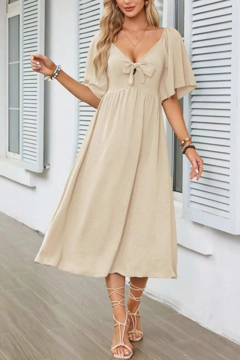 Smocked Tie Front Flutter Sleeve Midi Dress - Trendsi - Flyclothing LLC