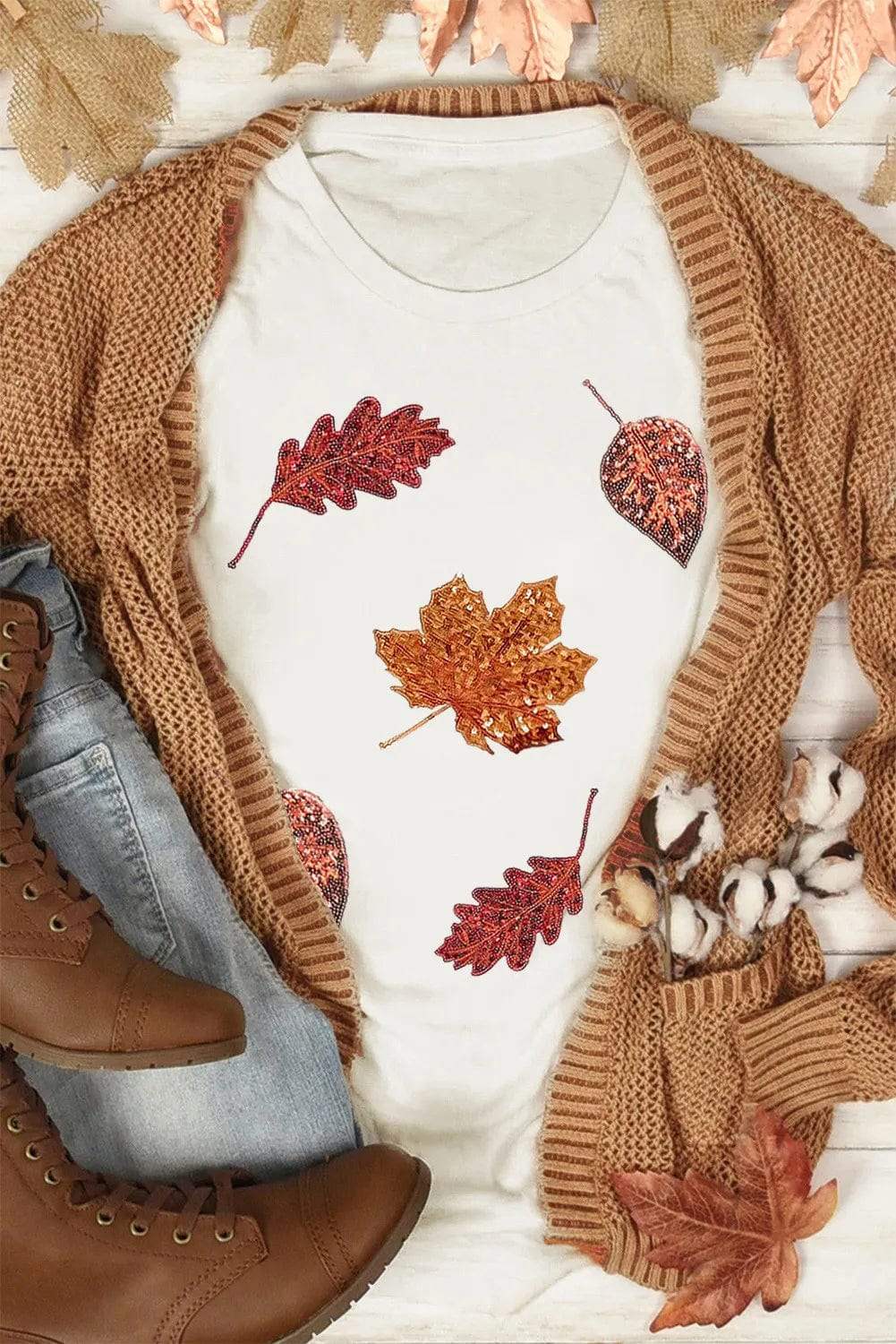 Maple Leaf Round Neck Short Sleeve T-Shirt - Trendsi - Flyclothing LLC