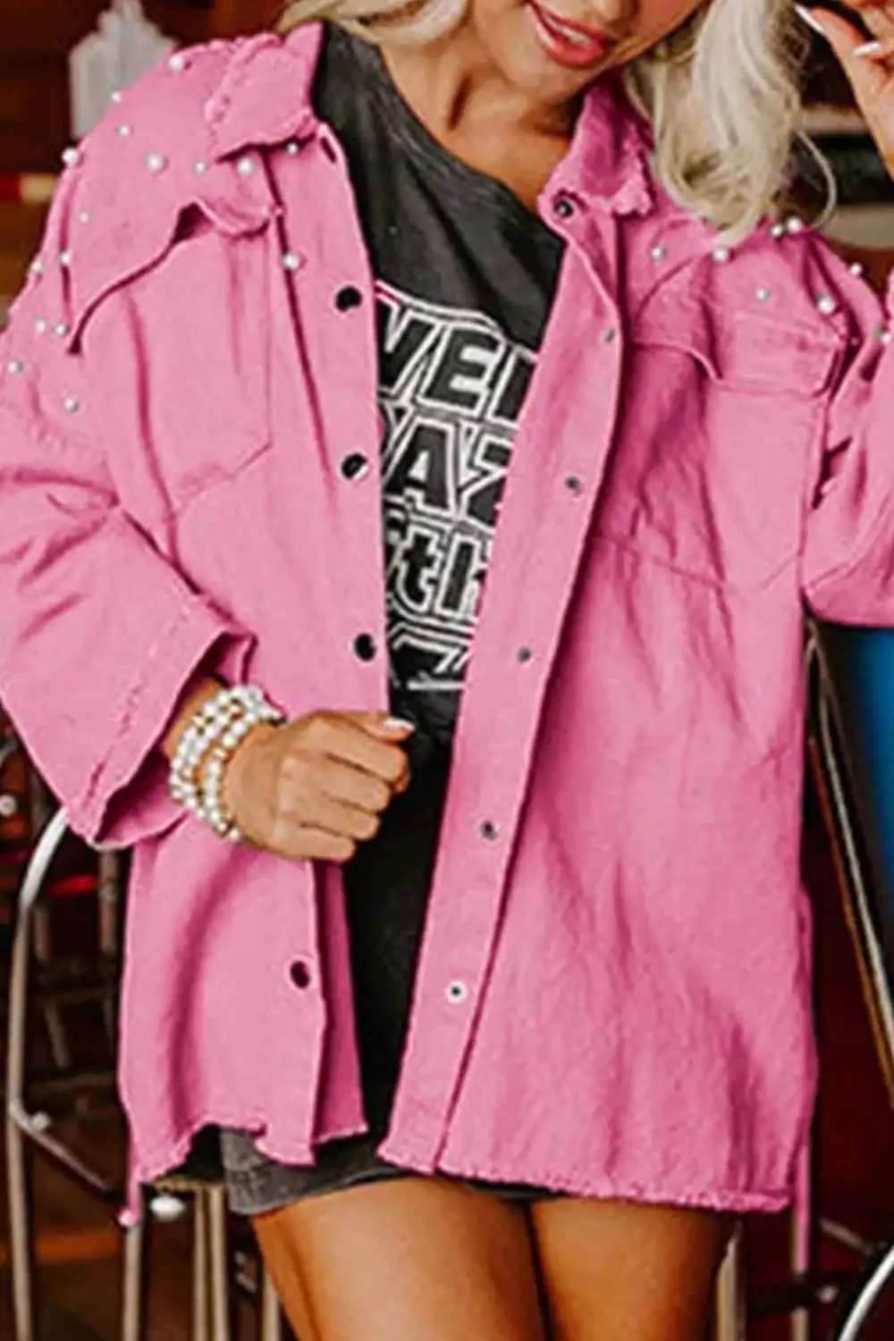 Raw Hem Pearl Trim Dropped Shoulder Denim Jacket - Trendsi - Flyclothing LLC