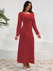 Ruched Round Neck Long Sleeve Dress - Trendsi