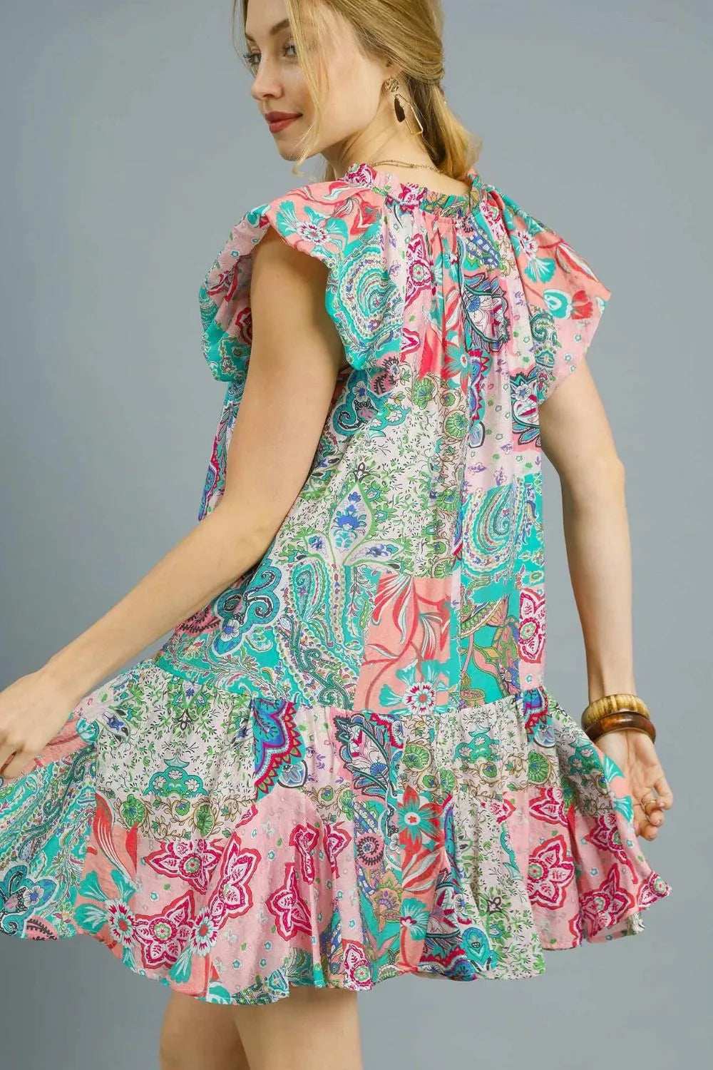 Umgee Printed Ruffle Cap Sleeve Mini Dress - Trendsi - Flyclothing LLC