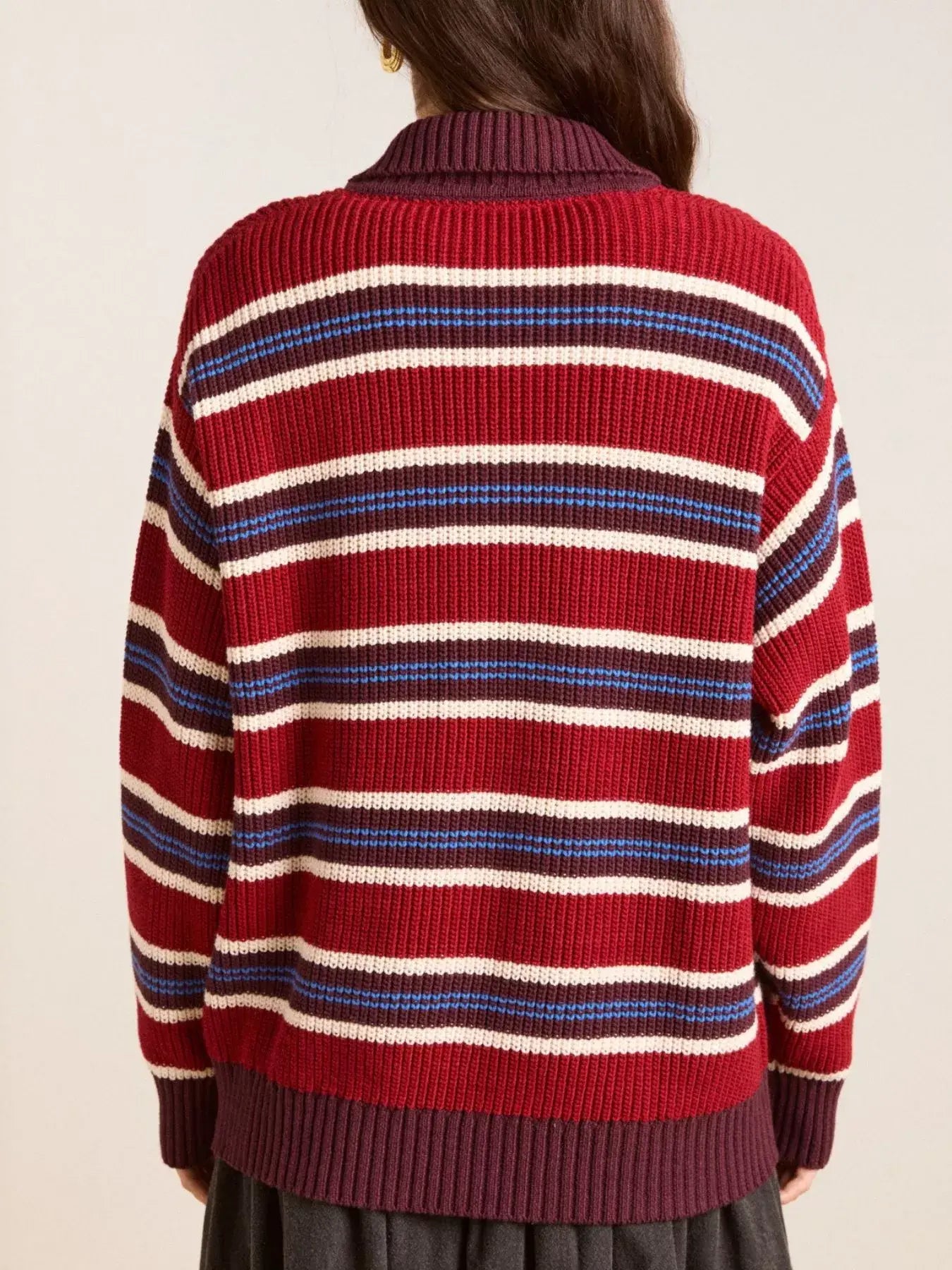 Striped Button Detail Polo Collar Sweater - Trendsi - Flyclothing LLC
