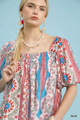 Umgee Patchwork Puff Sleeve Smocked Blouse - Trendsi - Flyclothing LLC