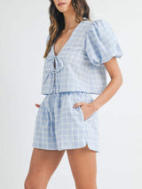 V-Neck Puff Sleeve Top and Shorts Set - Trendsi - Flyclothing LLC