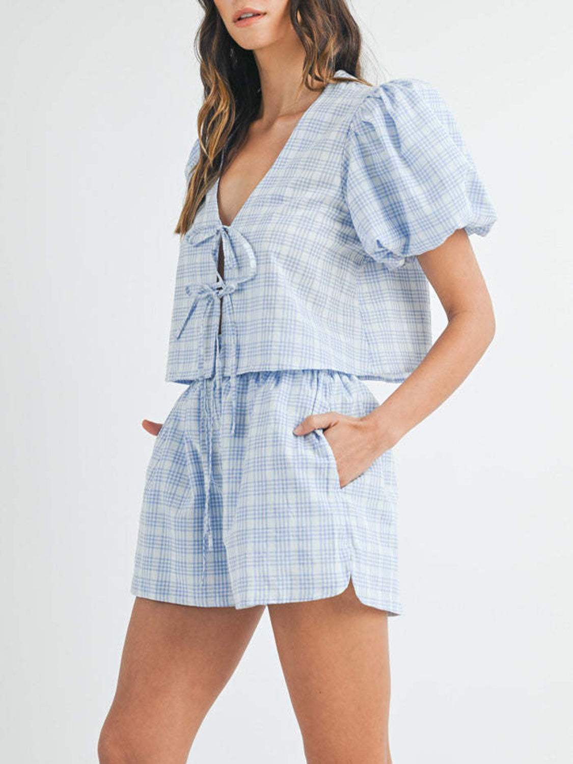 V-Neck Puff Sleeve Top and Shorts Set - Trendsi - Flyclothing LLC