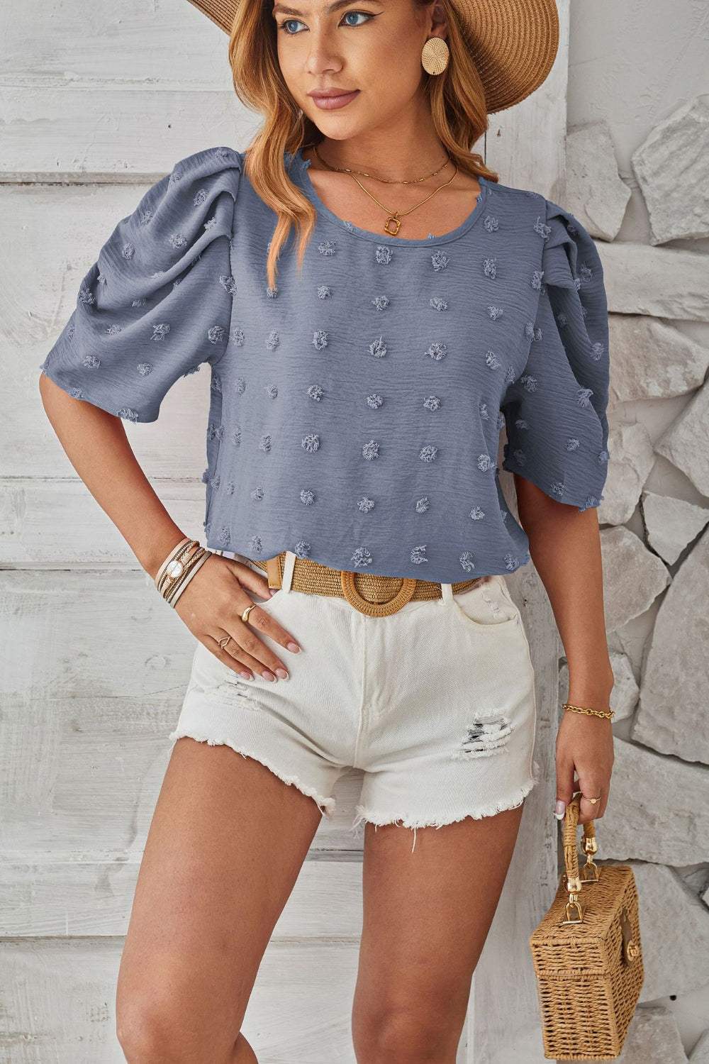 Swiss Dot Round Neck Short Sleeve Blouse - Trendsi - Flyclothing LLC