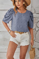 Swiss Dot Round Neck Short Sleeve Blouse - Trendsi - Flyclothing LLC