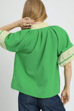 Umgee Contrast Trim Notched Puff Sleeve Blouse - Trendsi