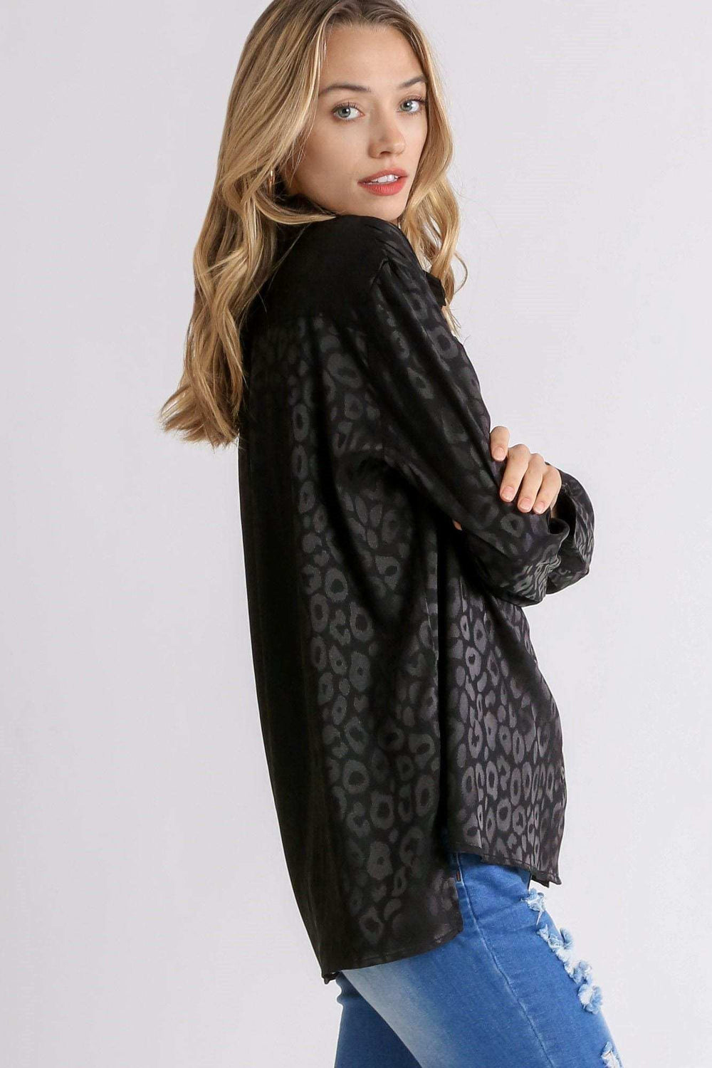 Umgee Full Size Animal Jacquard Print Button Up Long Sleeve Shirt Plus Size - Trendsi - Flyclothing LLC