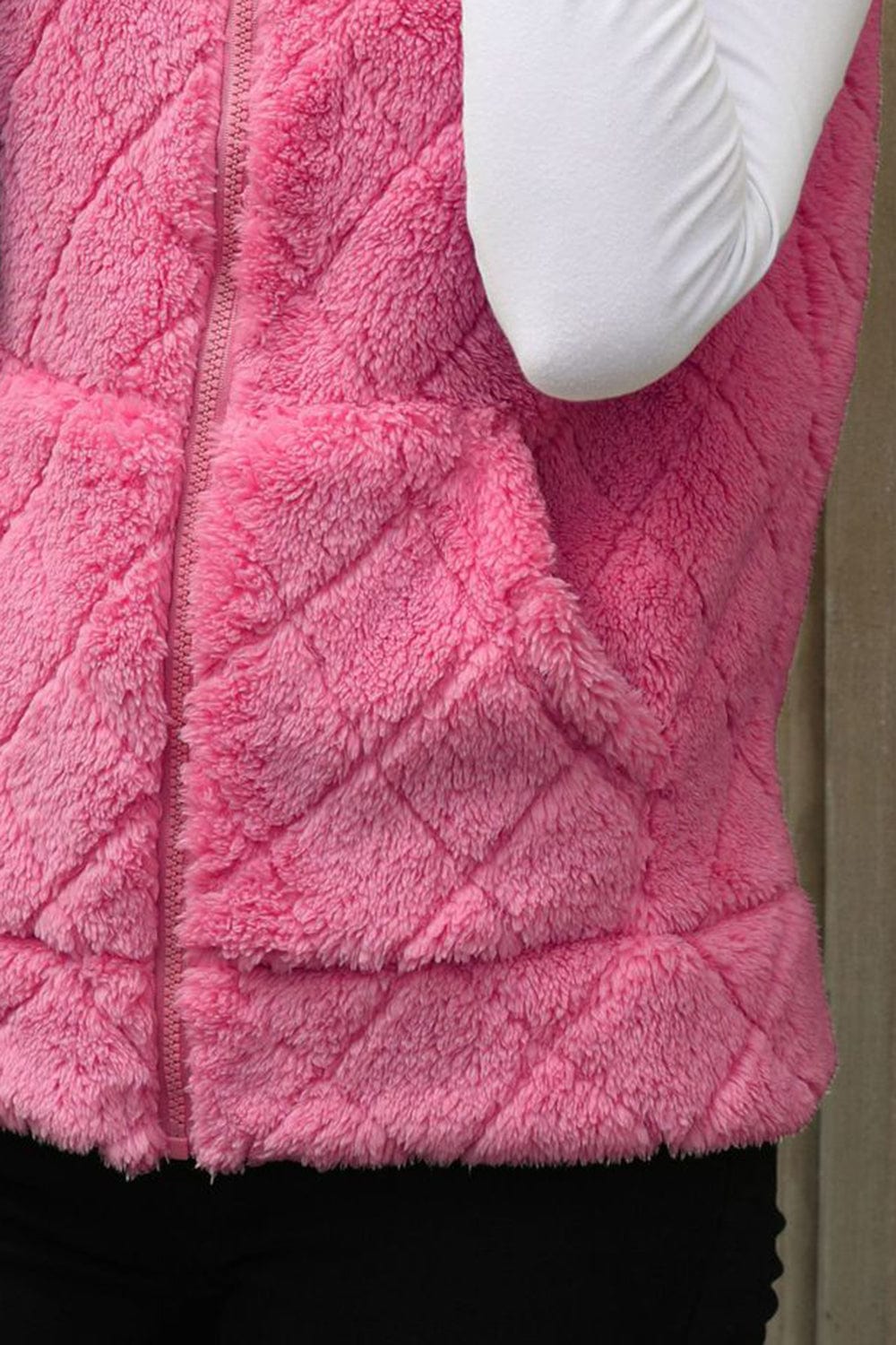 Fuzzy Plaid Texture Zip Up Vest Coat - Trendsi