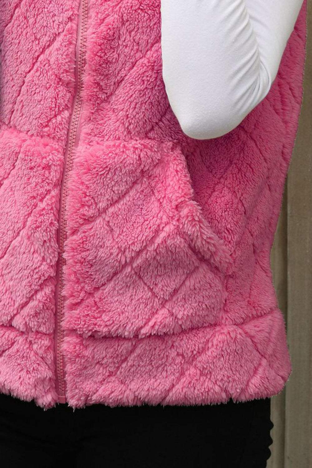 Fuzzy Plaid Texture Zip Up Vest Coat - Trendsi - Flyclothing LLC