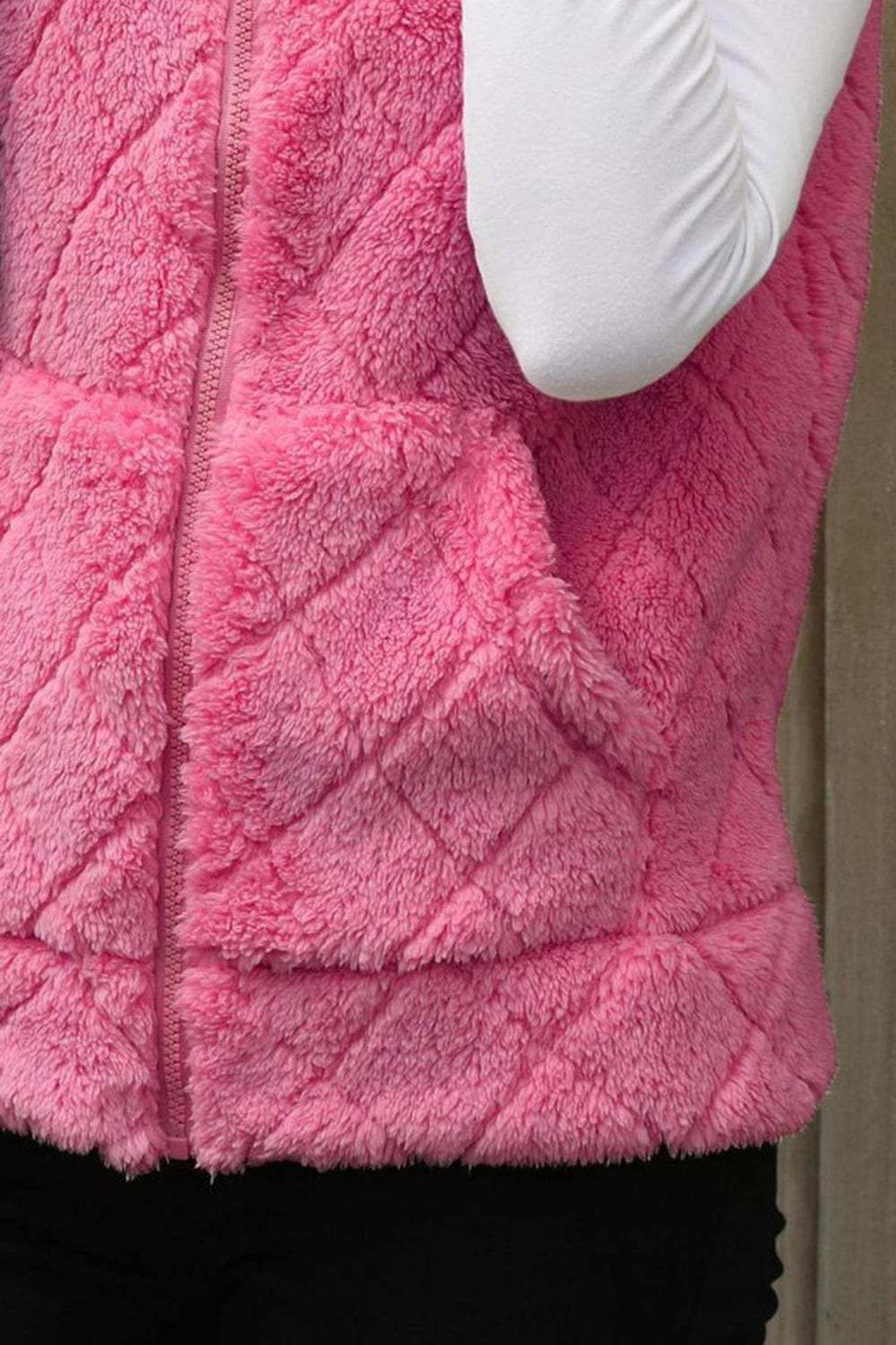 Fuzzy Plaid Texture Zip Up Vest Coat - Trendsi - Flyclothing LLC