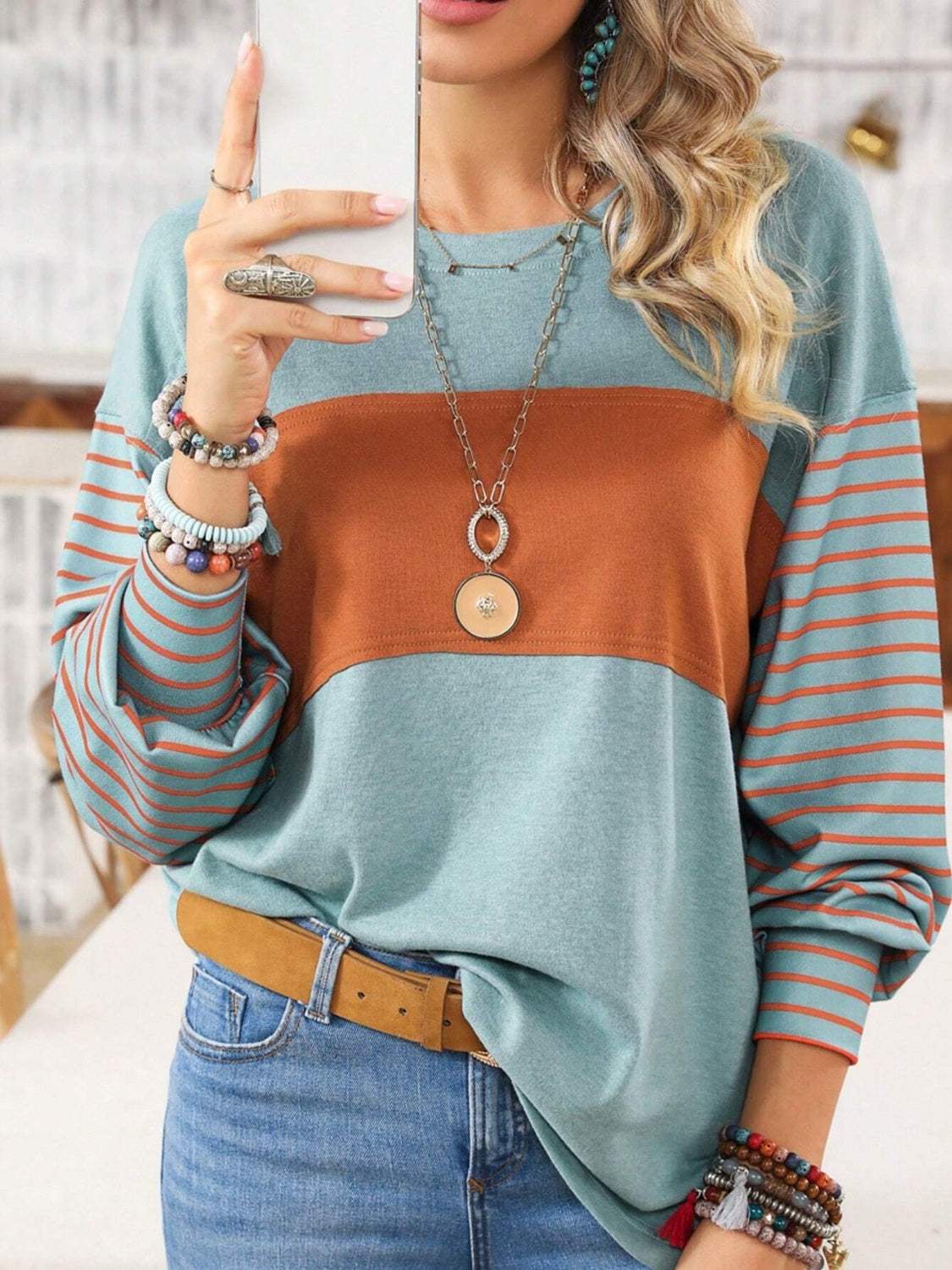 Round Neck Striped Long Sleeve Slit T-Shirt - Trendsi - Flyclothing LLC