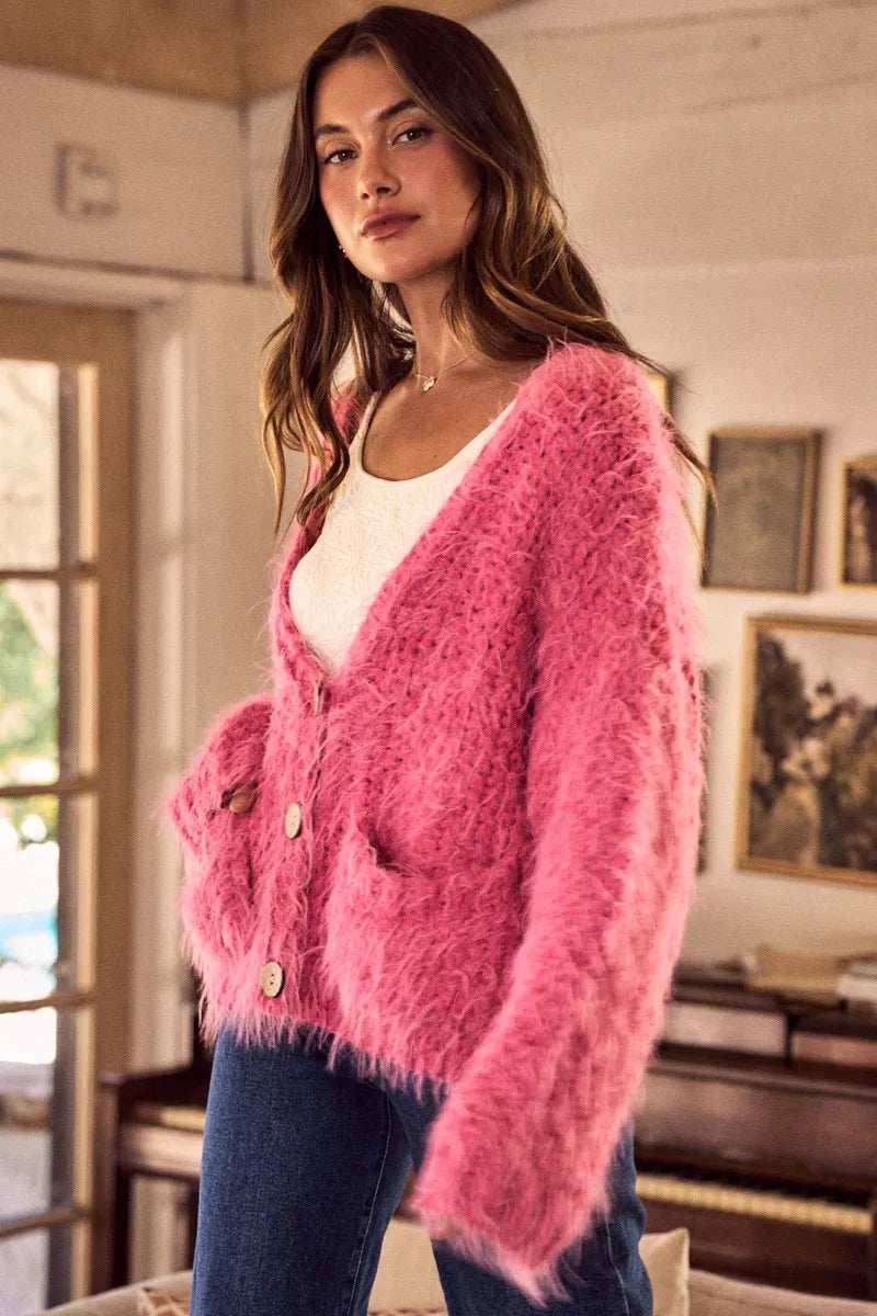 SO ME Soft Touch Hairy Loose Fit Cozy Sweater Cardigan - Trendsi - Flyclothing LLC