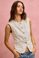 SO ME Scalloped Edge Cotton Twill Washed Vest Top - Trendsi - Flyclothing LLC