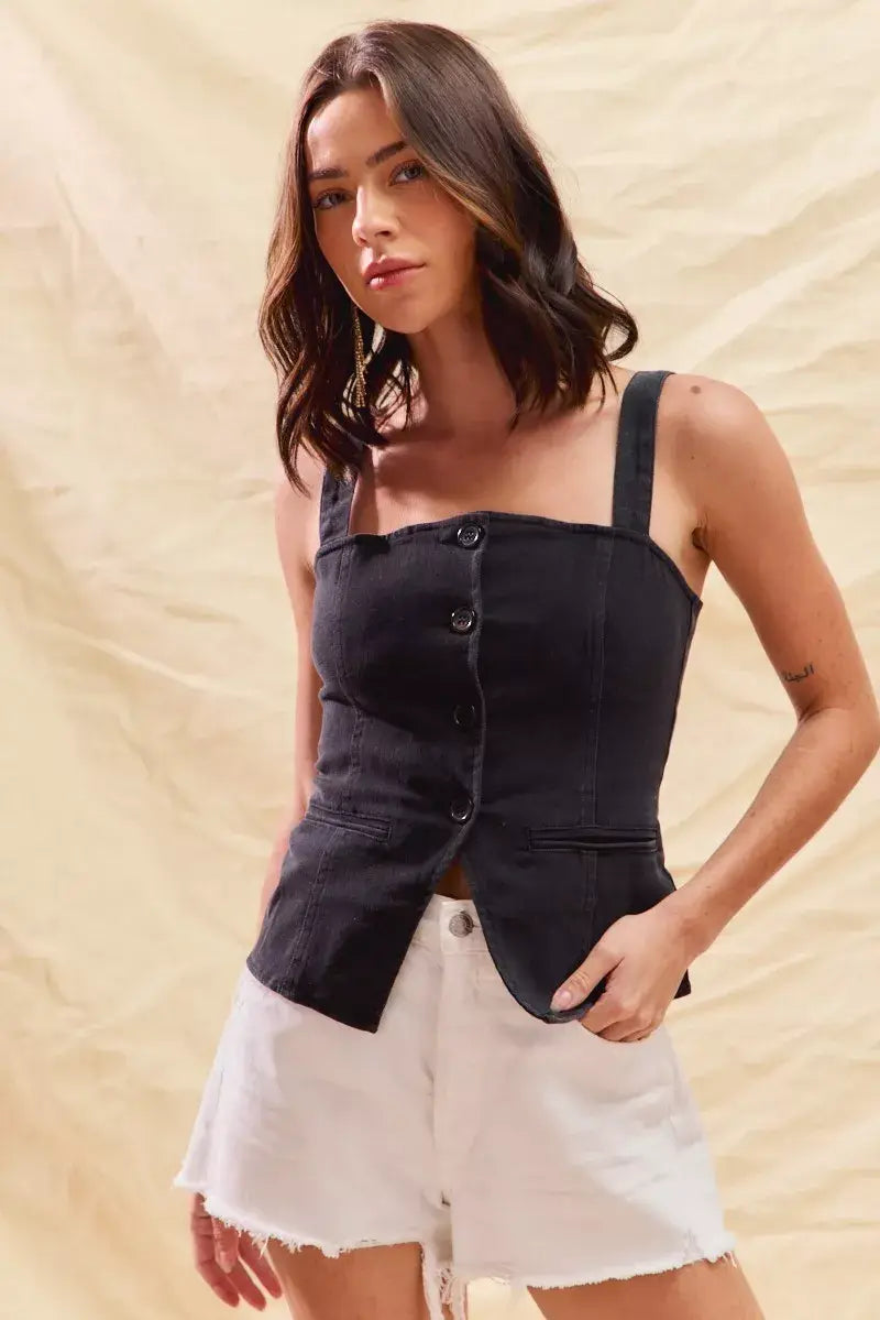 SO ME Button Down Sleeveless Game Day Fitted Denim Top - Trendsi - Flyclothing LLC