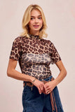 BiBi High Neck Leopard Mesh Short Sleeves Top - Trendsi - Flyclothing LLC