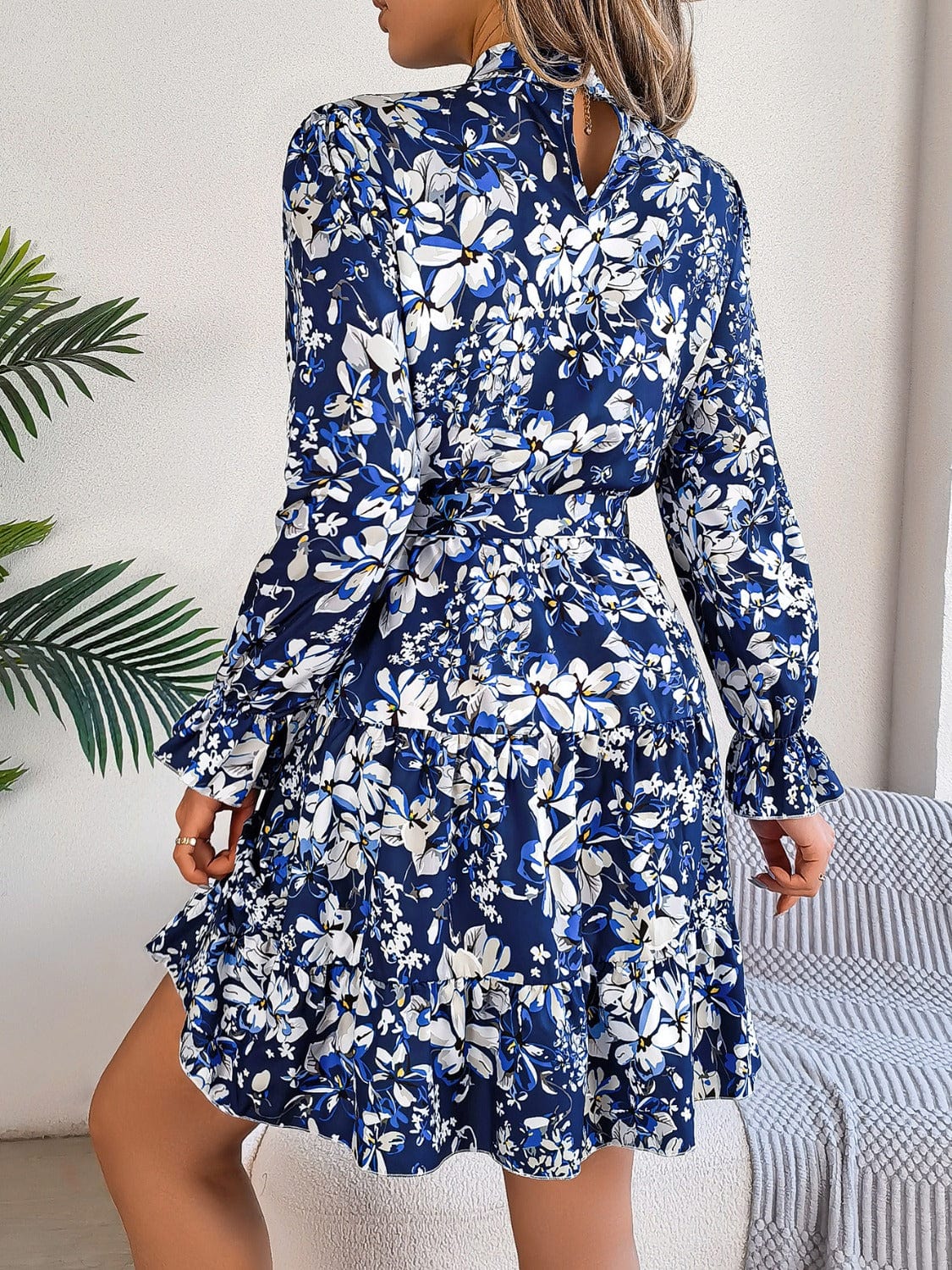 Printed Mock Neck Flounce Sleeve Mini Dress - Trendsi