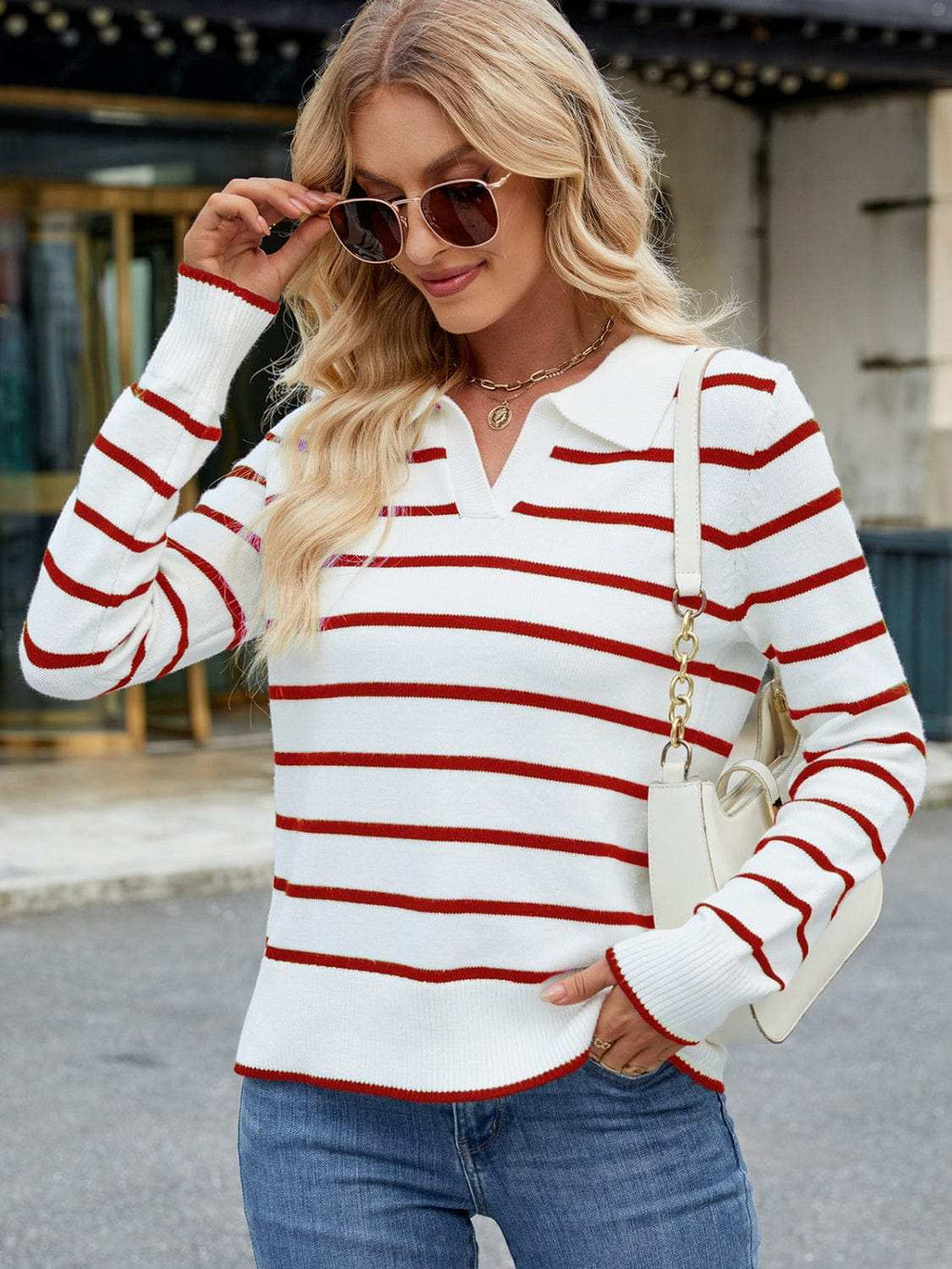Striped Johnny Collar Long Sleeve Sweater - Trendsi - Flyclothing LLC