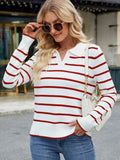 Striped Johnny Collar Long Sleeve Sweater - Trendsi