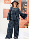 Plus Size Round Neck Flare Sleeve Top and Pants Set - Trendsi - Flyclothing LLC