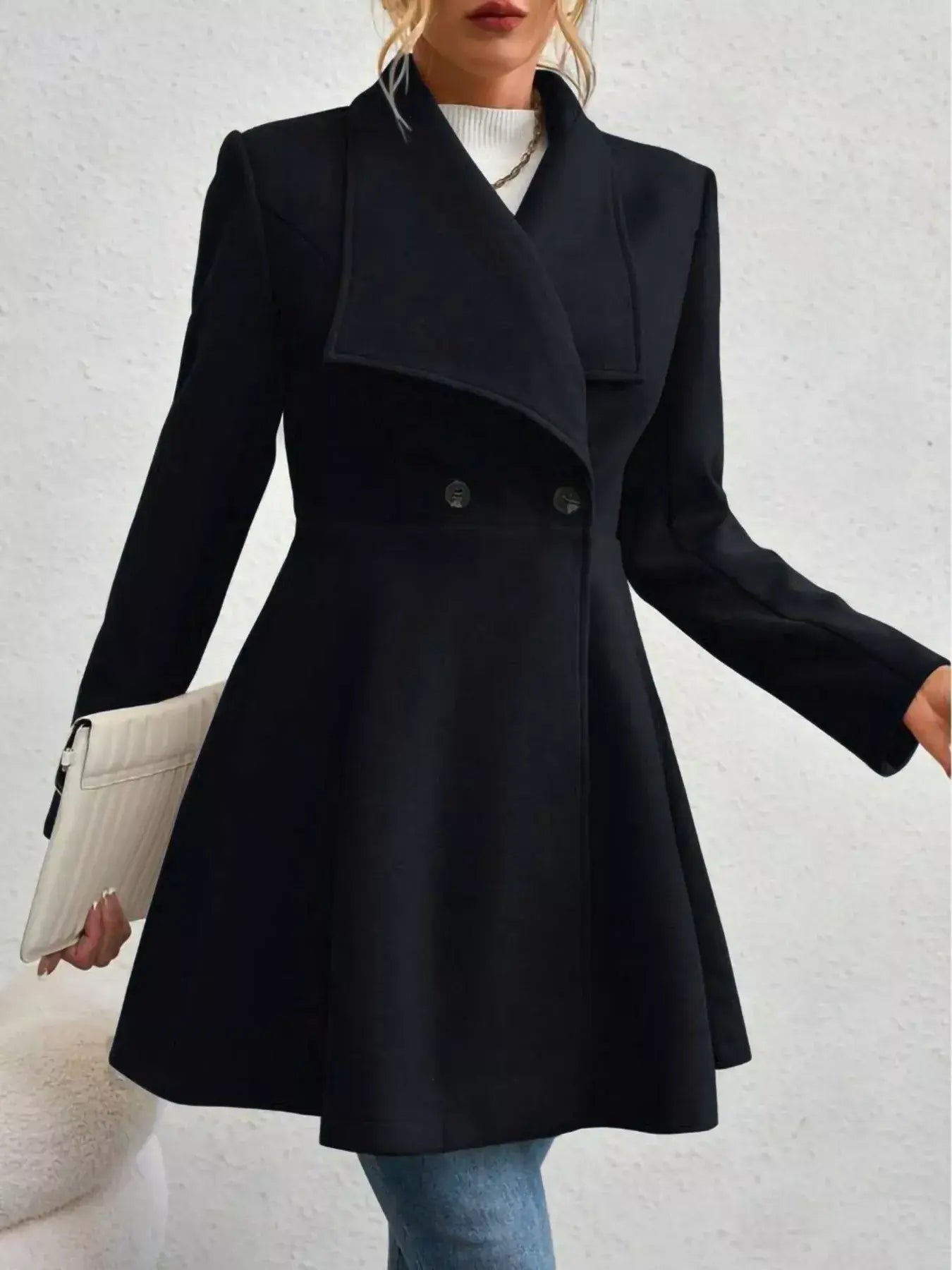 Collared Neck Double Breasted Coat - Trendsi - Flyclothing LLC