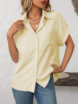 Mandy Pocketed Striped Collared Neck Short Sleeve Shirt - Trendsi - Flyclothing LLC