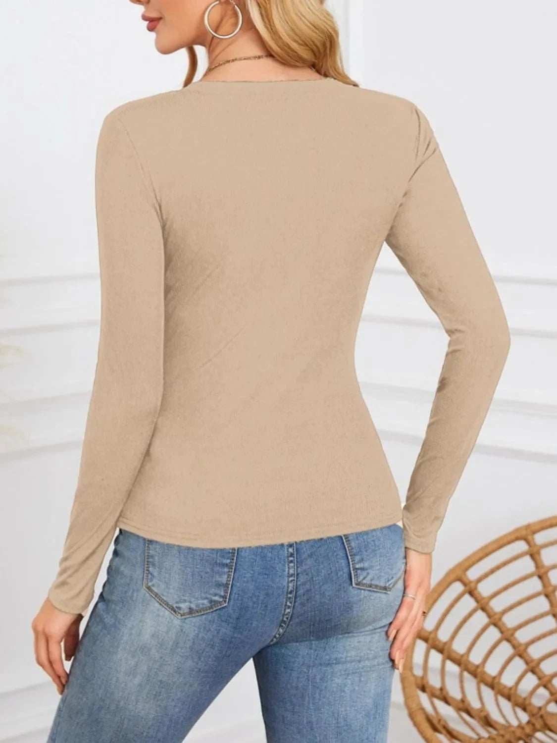 Notched Long Sleeve T-Shirt - Trendsi - Flyclothing LLC