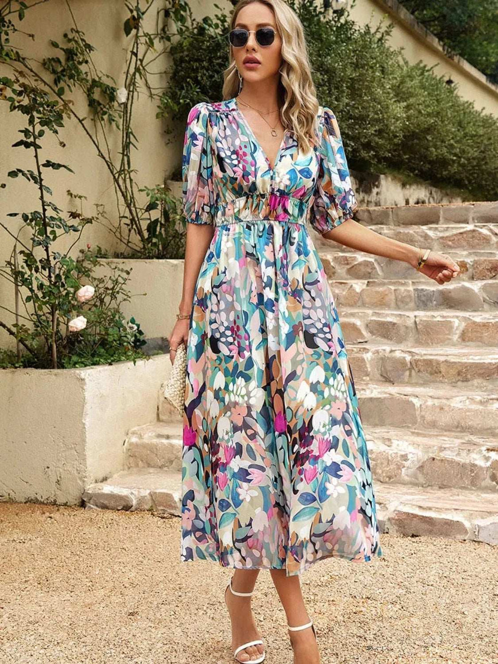 Printed Puff Sleeve Midi Dress - Trendsi - Flyclothing LLC