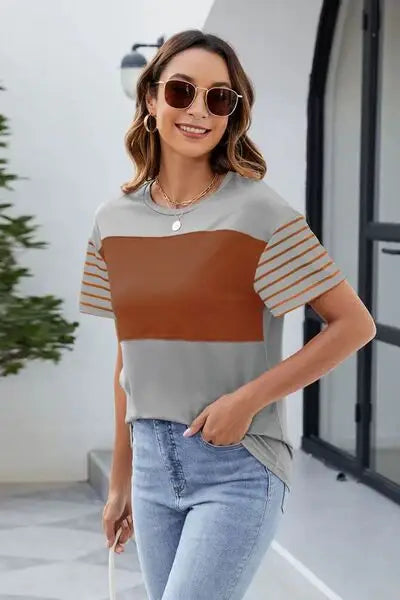 Color Block Round Neck Short Sleeve T-Shirt - Trendsi - Flyclothing LLC