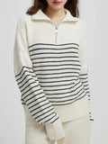 Striped Half Zip Long Sleeve Sweater - Trendsi - Flyclothing LLC