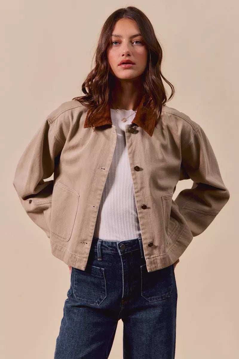 SO ME Cotton Twill Cropped Barn Jacket wtih Collar - Trendsi - Flyclothing LLC