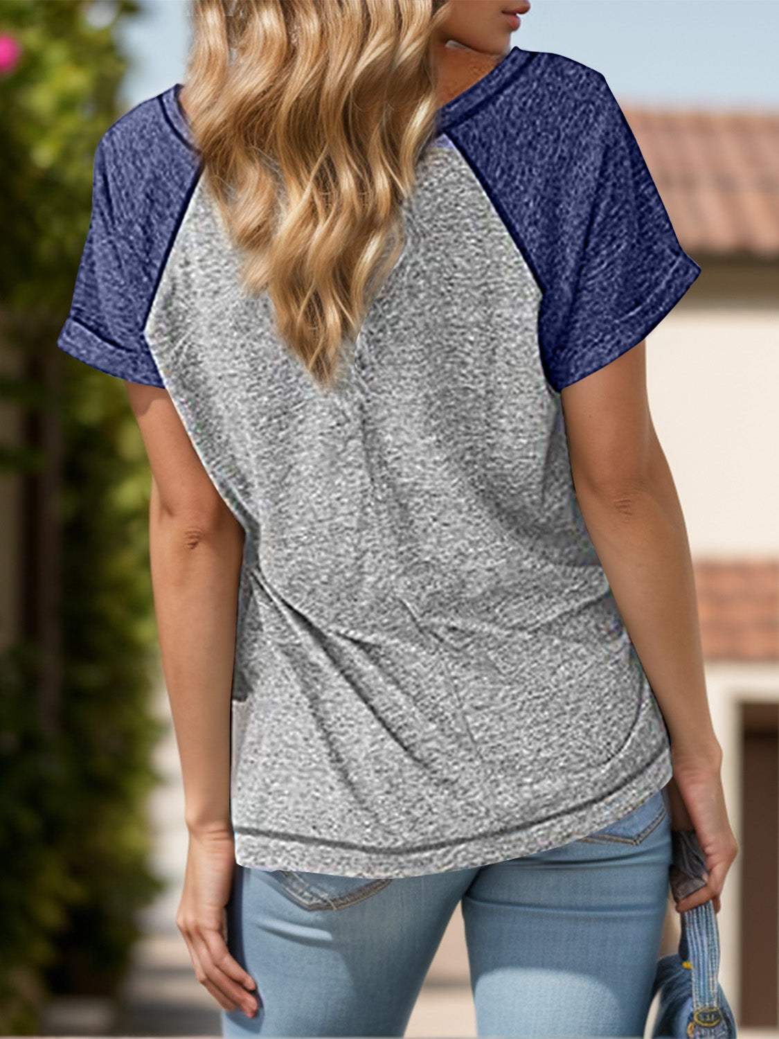 Contrast Notched Short Sleeve T-Shirt - Trendsi - Flyclothing LLC