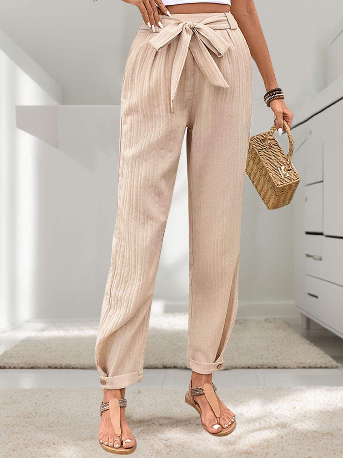 Tied High Waist Pants - Trendsi - Flyclothing LLC