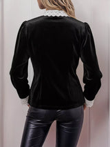 Lace Bow Tie Velvet Blouse - Trendsi - Flyclothing LLC