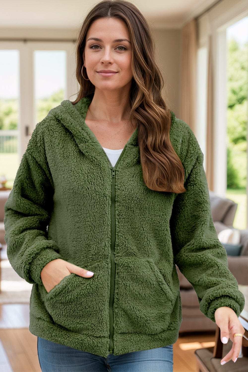 Zip Up Long Sleeve Fuzzy Hooded Outerwear - Trendsi - Flyclothing LLC