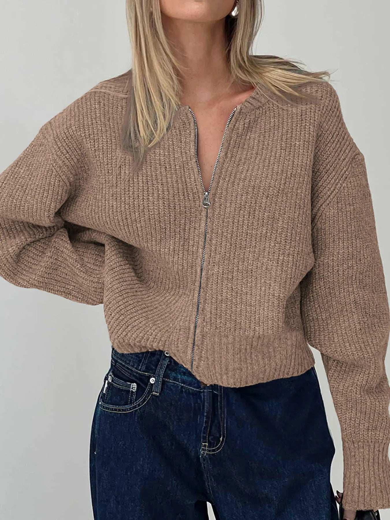 Zip Up Long Sleeve Cardigan - Trendsi - Flyclothing LLC