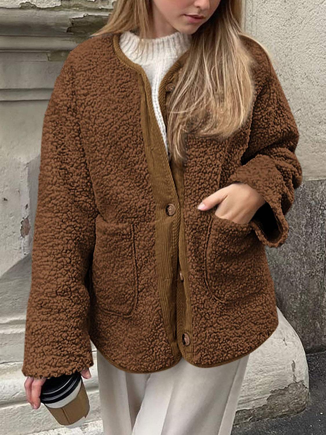 Contrast Button Up Sherpa Jacket with Pockets - Trendsi - Flyclothing LLC