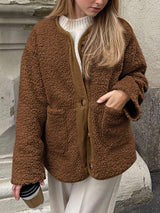 Contrast Button Up Sherpa Jacket with Pockets - Trendsi - Flyclothing LLC