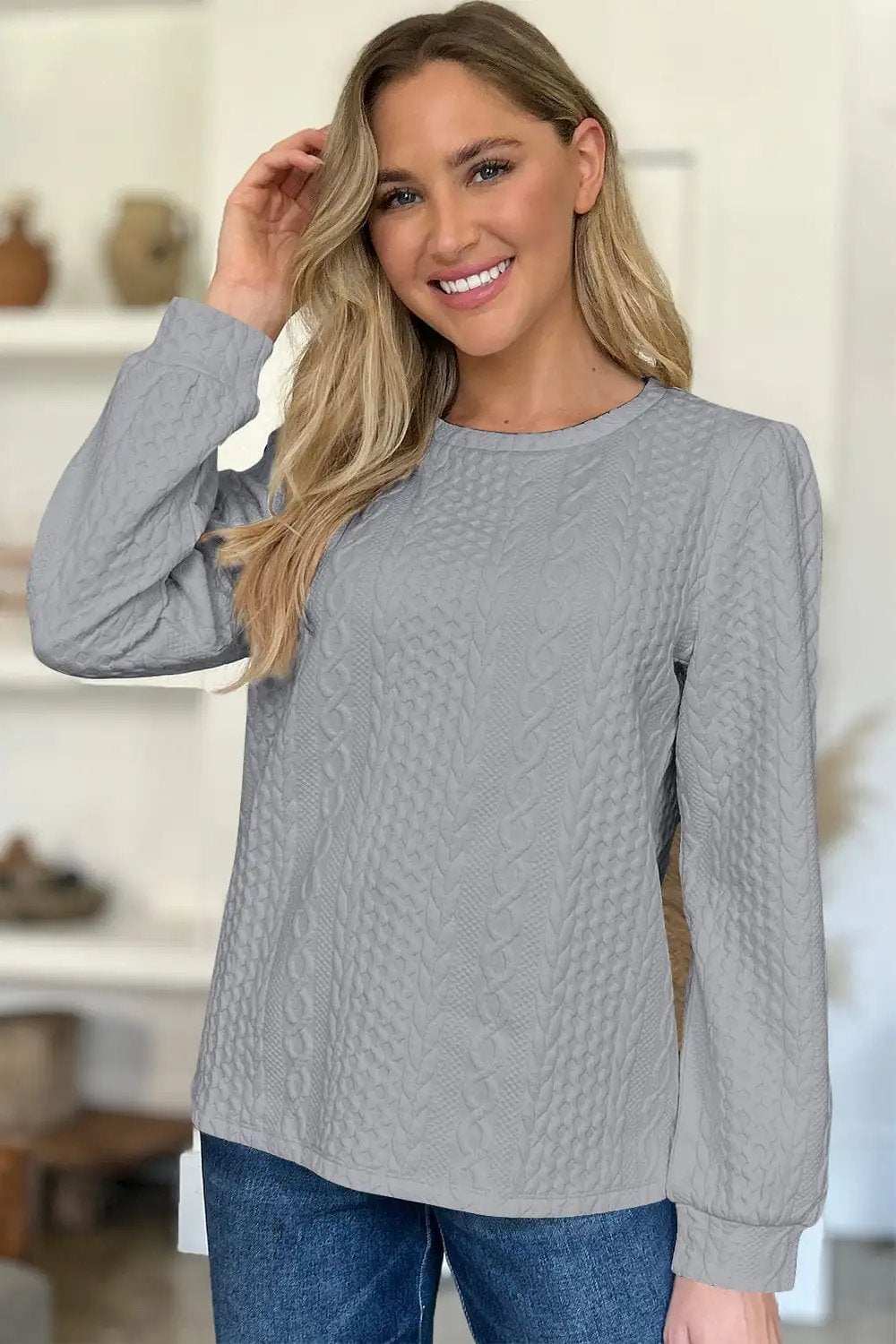 Textured Round Neck Long Sleeve Sweatshirt - Trendsi - Flyclothing LLC